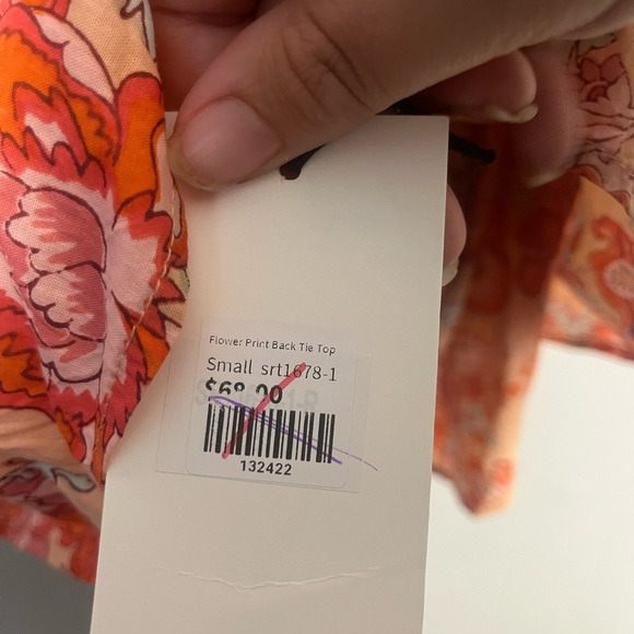 New THML floral puff sleeve pink orange peplum back tietop size small - Picture 5 of 7
